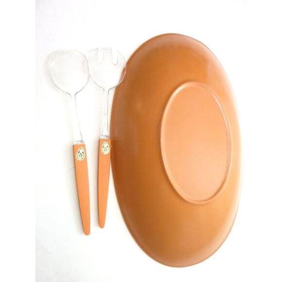 Vintage Mid Century Nasco Large Orange Serving Dish and Salad Tongs Japan - Picture 2 of 5